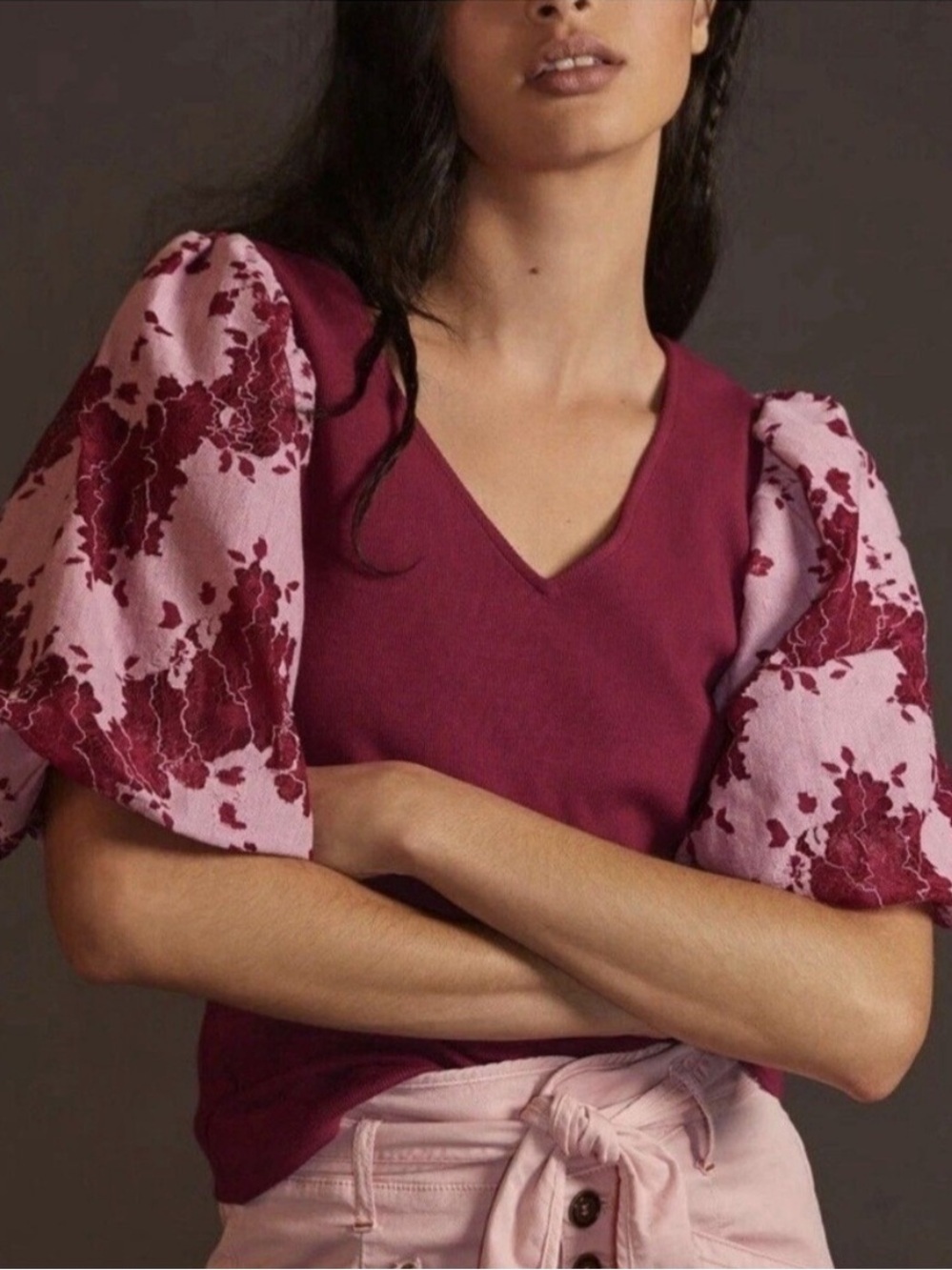 Anthropologie Dolan Lace Puff Sleeve Top Burgundy Pink Floral NWT Small